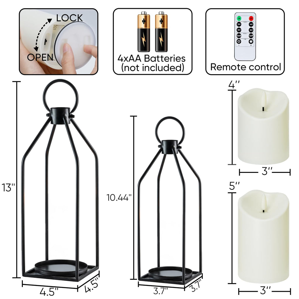 Homemory Modern Farmhouse Black Metal Lanterns 2PCS with Flameless Candle