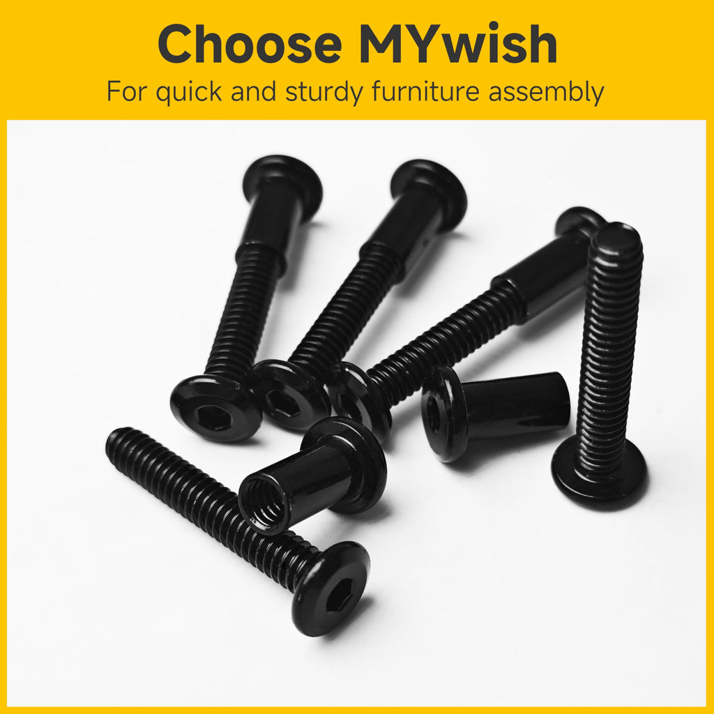Mywish M8 x 35mm 20Set Flat Head Hex Socket Cap Screws Bolts with Barrel Nuts, 304 Stainless Steel Furniture Bolts Full Thread, Black Oxide & Hex Spanner