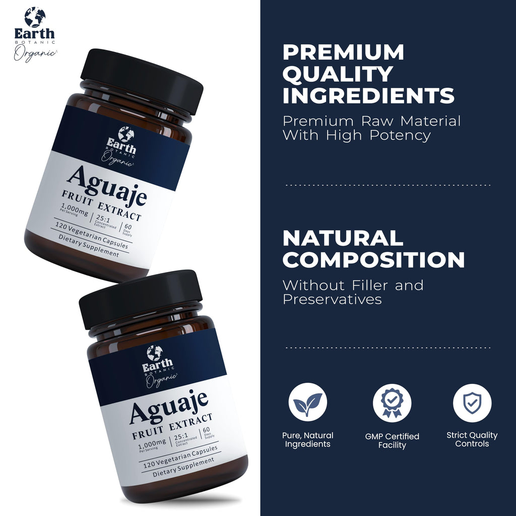 Earth BOTANIC Organic Aguaje Fruit Extract Capsules 120 Pills Buriti 1000MG Per Serving - Mauritia flexuosa - 100% Natural- Non GMO- Wild Harvested in Peru – 60 Days Supply