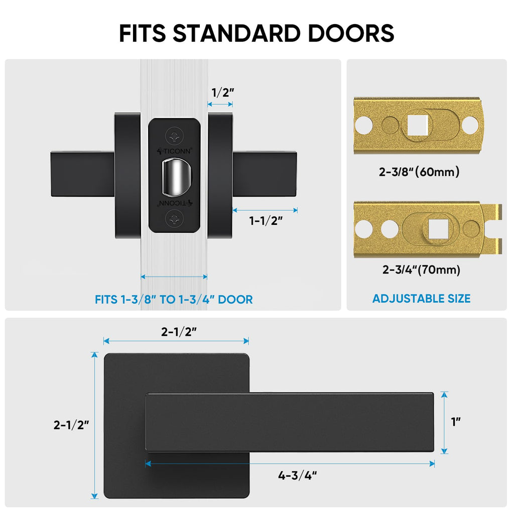 TICONN 1PK Matte Black Door Handles Interior, Reversible Square Door Levers Knob for Hallway, Bedroom, Bathroom (No Lock, 1PK Passage)
