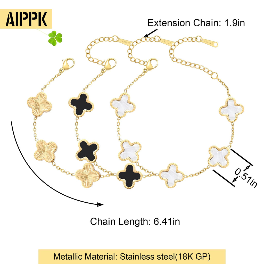 AIPPK 18K Gold Plated Clover Bracelet Set for Women Four Leaf Lucky Flower Bracelets Fashion Simple Jewelry Gifts for Women 3Pcs，white+black+gold