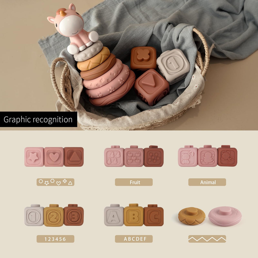 Nueplay 13 Pcs Building Circle & Blocks, Stacking & Nesting Baby Toys with Horse Figure, Newborn Essentials Squeeze Teething Toy Gifts for 6 12 18 Months Baby Toddler Girls