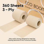 ECO BOOM Unbleached Bamboo Toilet Paper, 100% Tree-Free & Plastic-Free, 3-Ply Strong, FSC Certified, Unscented, 9 Rolls, 360 Sheets | PFAS Free, BPA Free & Septic Safe