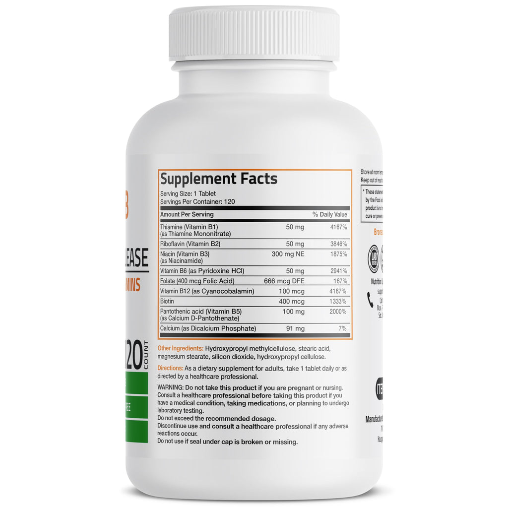 Bronson Super B Vitamin B Complex Sustained Slow Release (Vitamin B1, B2, B3, B6, B9 - Folic Acid, B12) Contains All B Vitamins 120 Tablets