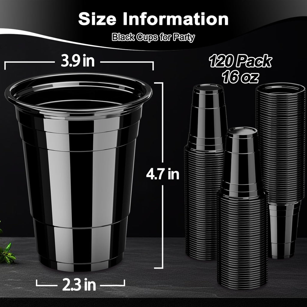 120 Pack 16 oz Black Cups, Heavy Duty Black Plastic Cups for Party, Cold Drinks, BBQ, Black Disposable Cups for Christmas, Halloween, Wedding, Birthday, Picnic, Serving and Celebrations