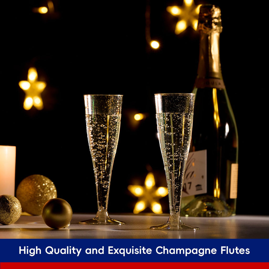JOLLY CHEF Plastic Champagne Flutes 4.5 oz 100 Pack Gold Glitter Glasses