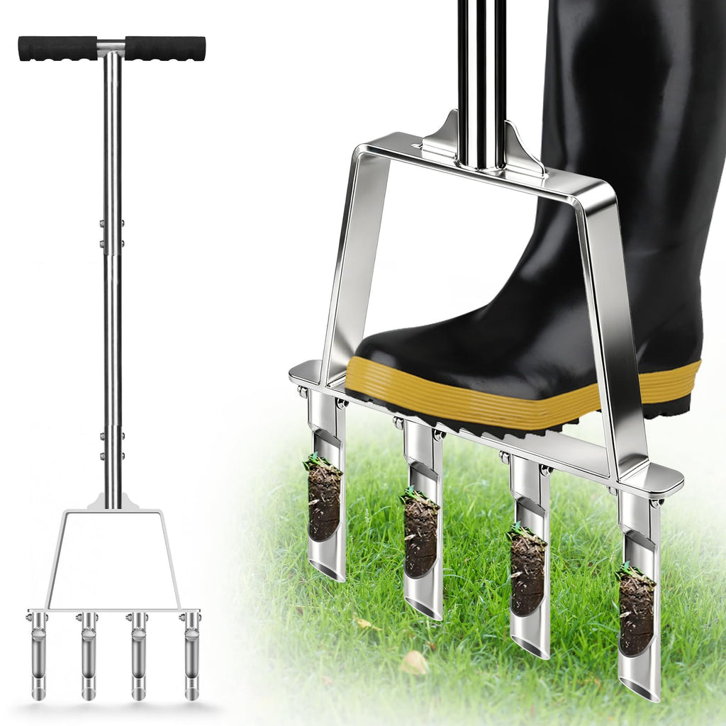Qdreclod Core Aerator Lawn Tool Manual Lawn Aerator Tool with 4 Hollow Tines Non-Clogging Heavy Duty Plug Aerator for Soil Loosening Lawn Aeration, Revives Lawn Health,Garden Tool