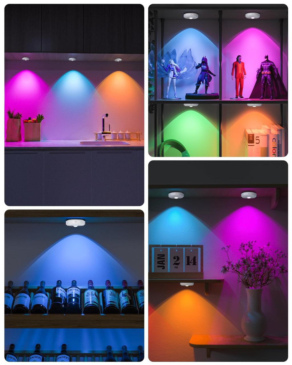 WILLED RGB Rechargeable Puck Lights with Remote Control, Under Cabinet Lighting Wireless, Dimmable Push Lights, Multicolor and Timing Function, LED Puck Lights for Kitchen, Cabinet and Shelf(6 Pack)