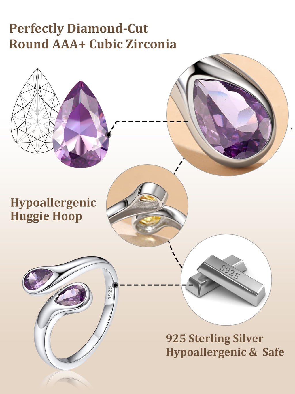Bestyle June Birthstone Ring for Women, Silver Alexandrite Ring Two Purple Gemstone Teardrop Ring, TOI et Moi Ring Love Promise Rings BFF Ring for, Christmas Valentine's Day Birthday Gifts
