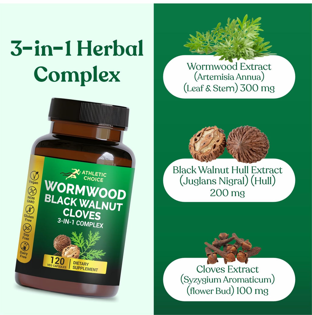 Athletic Choice Wormwood Black Walnut Clove Complex, 3-in-1 Formula with Sweet Wormwood Extract, 120 Veggie Capsules, Non-GMO & Gluten-Free Herbal Supplement for Adults