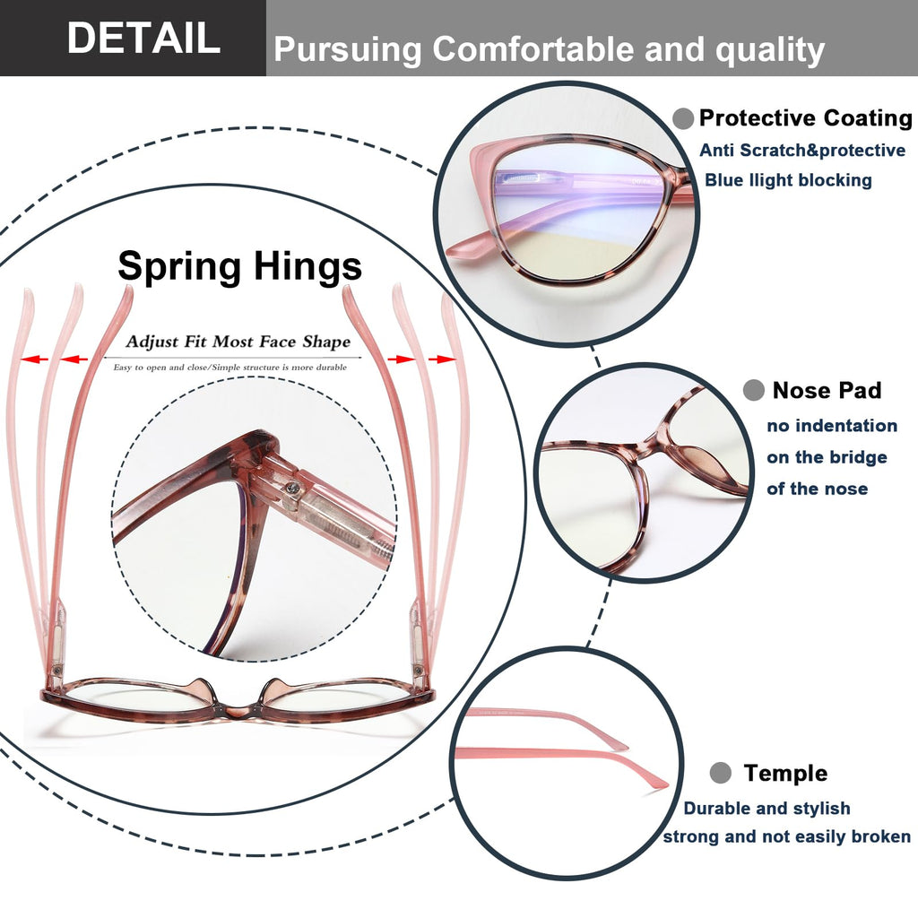 EYEURL 5 Pack Reading Glasses for Women-Cat Eye Blue Light Blocking Readers Fashion Computer Glasses with Spring Hinge Anti-Glare Readers for Women 1.5