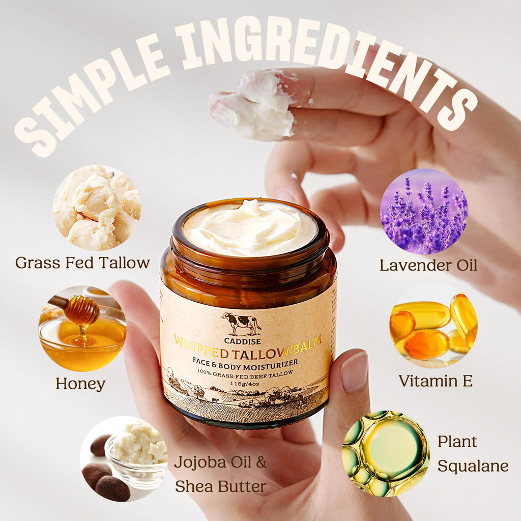 Whipped Beef Tallow for Skin – 100% Grass-Fed Handmade Cream Moisturizer for Face & Body, Natural with Honey, Shea Butter, Jojoba Oil, Non-Greasy, Nourishing for Men, Women, Kids, 4 Oz (Lavender)