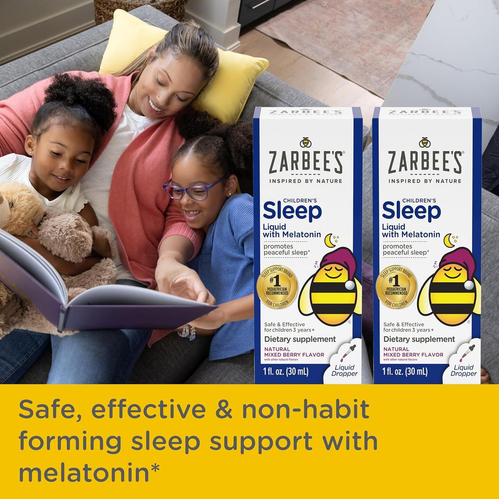 Zarbee's Kids Sleep Supplement Liquid with 1mg Melatonin; Drug-Free & Effective; Easy to Take Natural Berry Flavor for Children Ages 3 and Up; 1 Fl Oz Bottles, Pack of 2