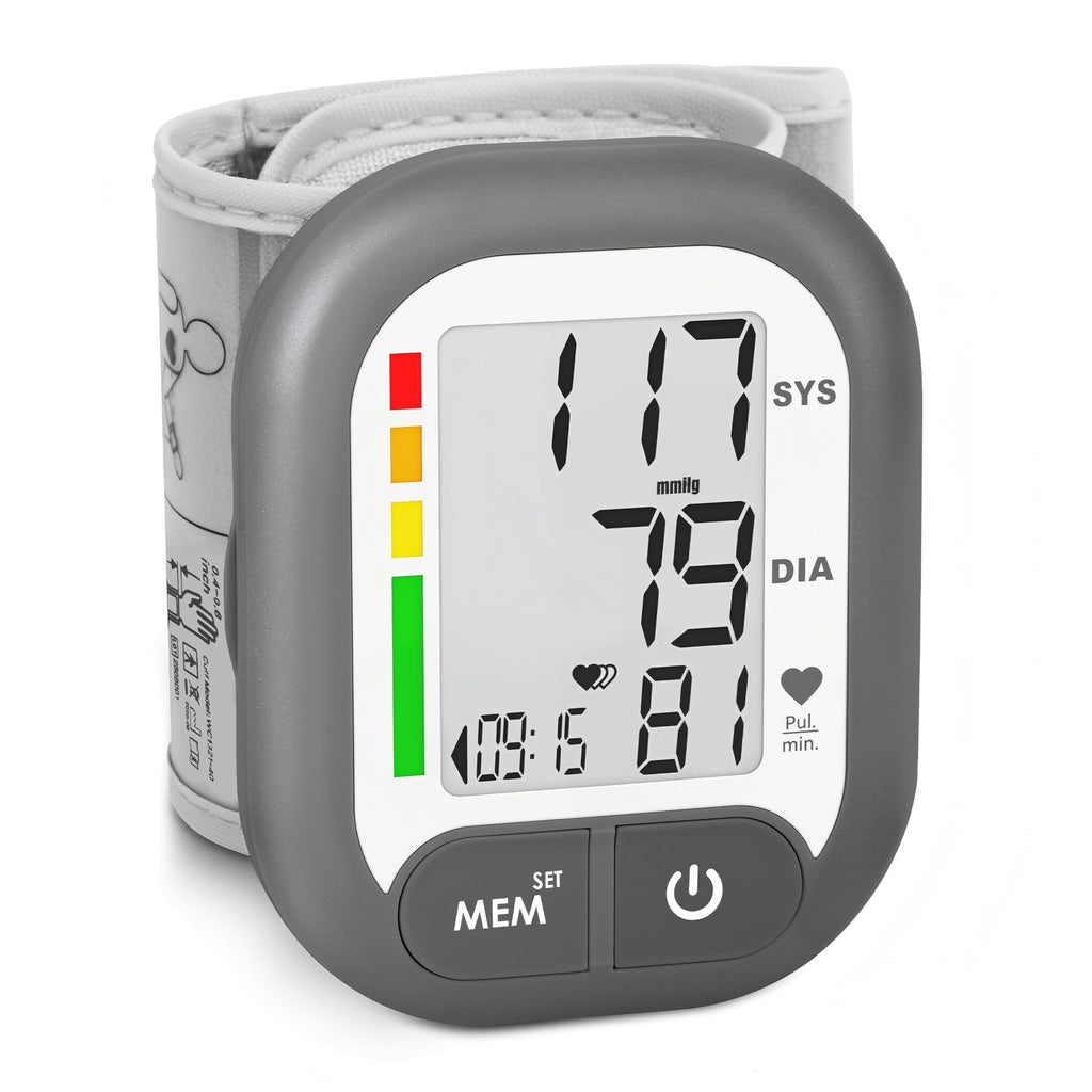 BENECEN Blood Pressure Monitor Adjustable Wrist Cuff for Home Use Automatic BP Machine Large Digital LCD Display 199 Memory Batteries Included with Carrying Case, Grey