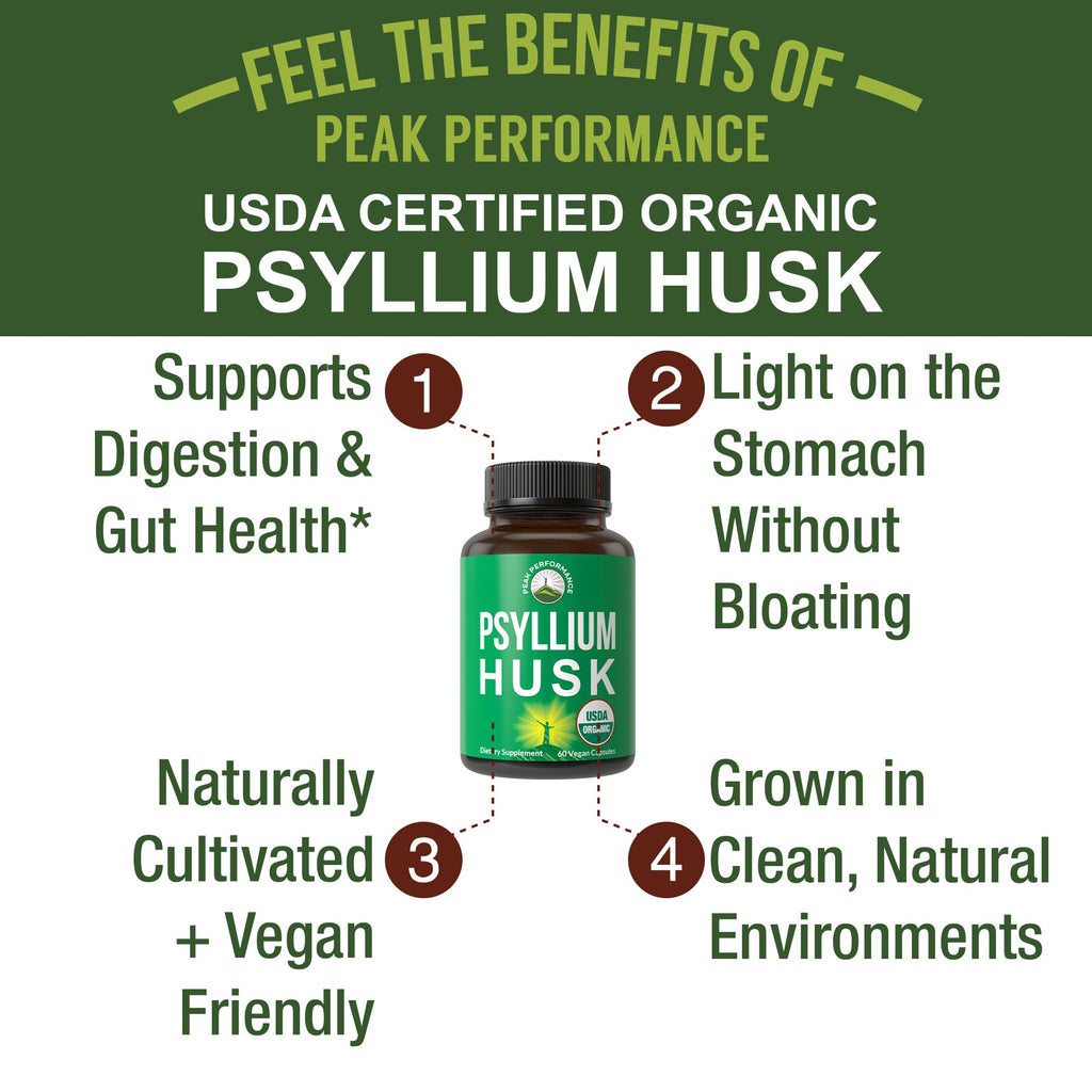 Peak Performance USDA Organic Psyllium Husk Vegan Capsules Made with Seed - Fiber Supplement for Gut - Digestive Prebiotics - for Digestion and Roughage Without Bloating - Vegan, Gluten-Free Pills