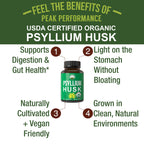 Peak Performance USDA Organic Psyllium Husk Vegan Capsules Made with Seed - Fiber Supplement for Gut - Digestive Prebiotics - for Digestion and Roughage Without Bloating - Vegan, Gluten-Free Pills