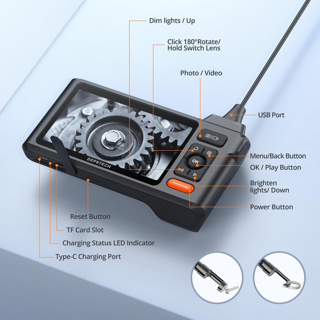 Triple Lens Endoscope Camera with Light, DEPSTECH 5" IPS Screen Endoscope Camera, 1080P Sewer Camera & Split Screen, 180° Rotation, IP67 Snake Cable, 8 Lights, Gadget for Automotive Mechanical Repair