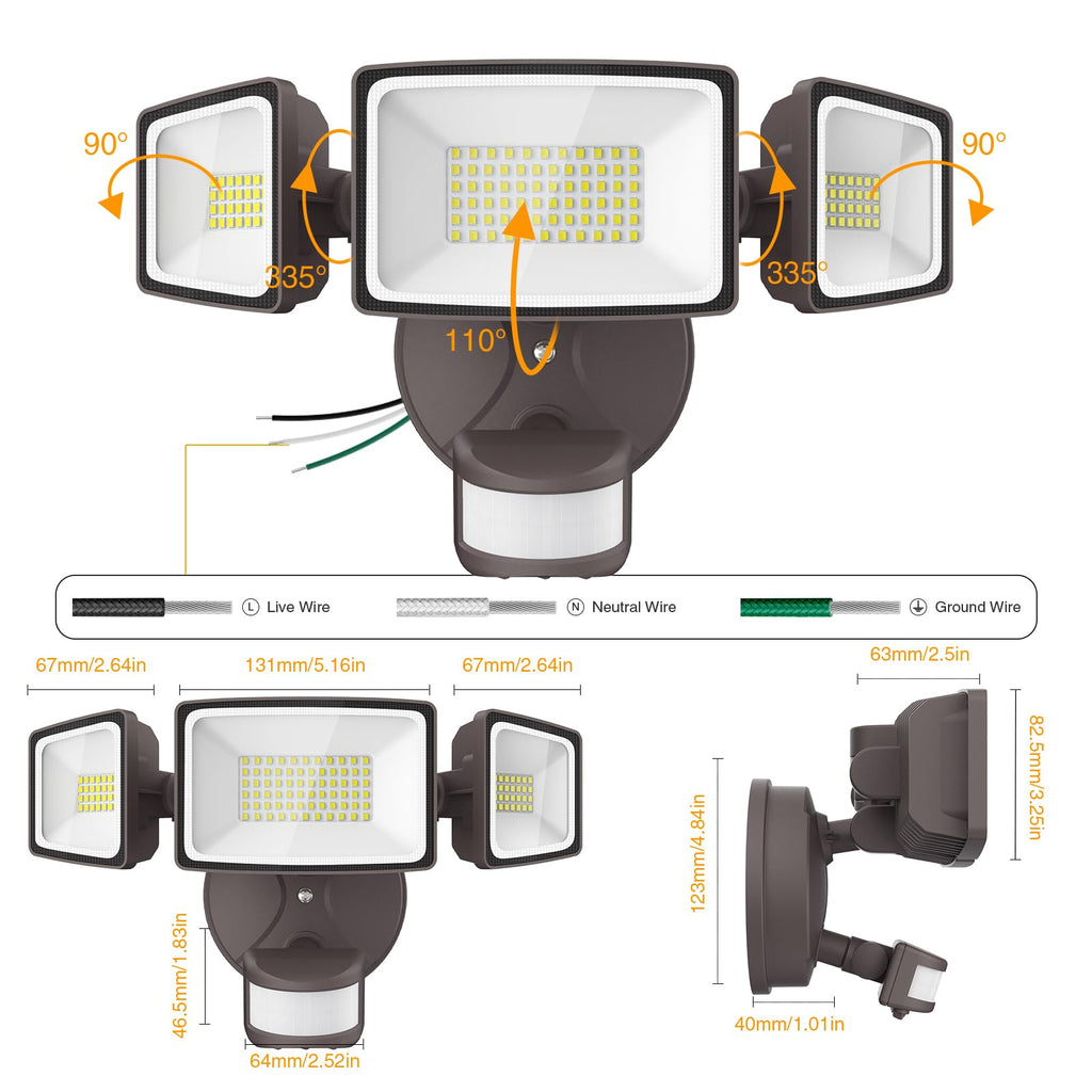 Onforu 75W LED Flood Light Motion Sensor Outdoor, 7000lm Dusk to Dawn Flood Light, Security Light with Three Head, IP65 Waterproof Exterior Floodlight, 6500k Wall Light for Entryway Stairs Yard Garage