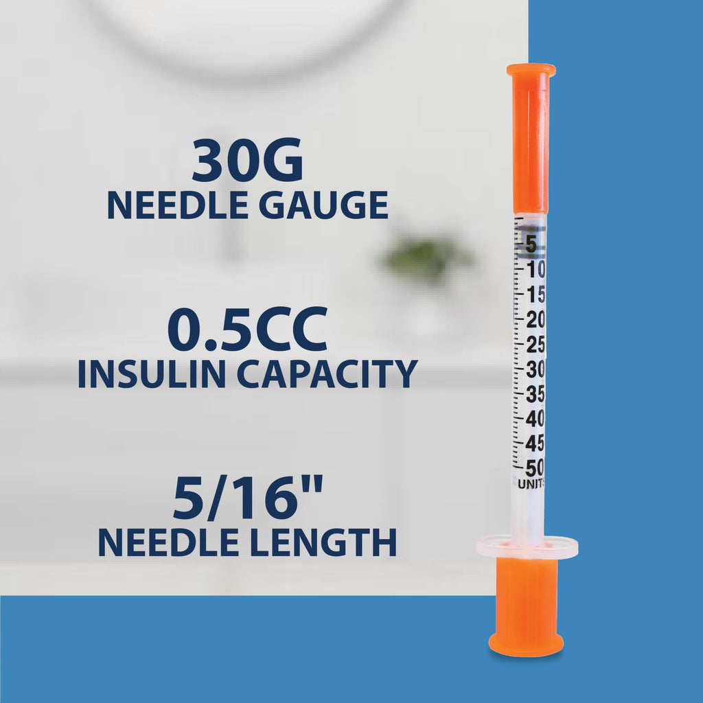 TRUEplus Single-Use Insulin Syringes, 30G 0.5cc 5/16 Inch Needle Length, 100 Count (10 Packs of 10)