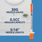 TRUEplus Single-Use Insulin Syringes, 30G 0.5cc 5/16 Inch Needle Length, 100 Count (10 Packs of 10)