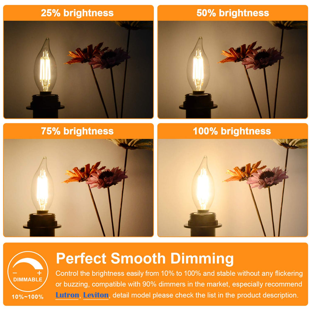 Dimmable E12 Candelabra LED Bulbs 60 Watt Incandescent Equivalent, 2700K Warm White, Clear Filament LED Chandelier Light Bulbs 6W, 600lm, CA11 Vintage Ceiling Fan Light Bulb with Flame Tip, 12-Pack