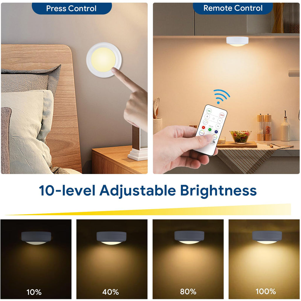 Yiliaw 6 Pack LED Puck Lights Remote Control 16 Color Changeable Under Cabinet Lights, Battery Operated Lights Night Light with Dimmer & Timmer for Closet Bedroom Kitchen, White