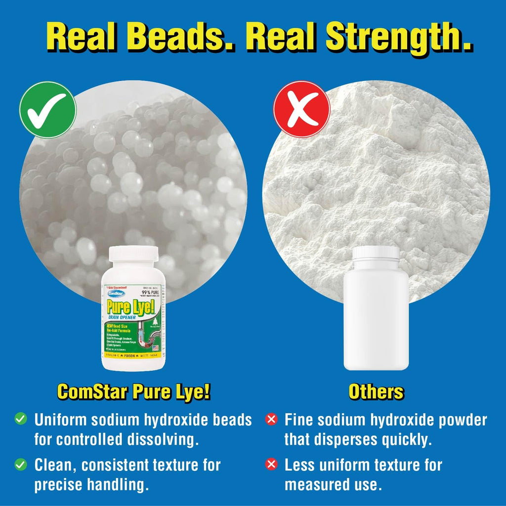 ComStar Pure Lye 2 lb - Unique Sodium Hydroxide Beads | Drain Opener & Soap Making | Biodegradable, Eco-Friendly (30-504)