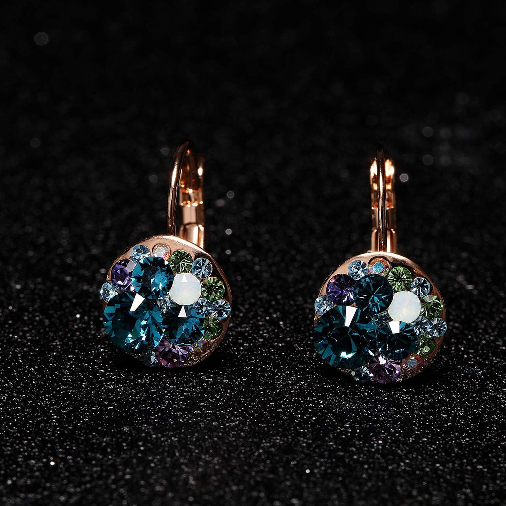 EVEVIC Austrian Crystal Round Cluster Leverback Drop Earrings for Women