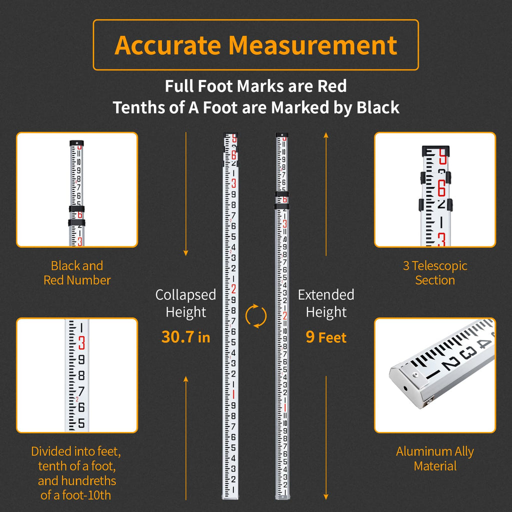 Firecore 9-Foot Aluminum Grade Rod – 10ths, Dual Sided 3-Section Telescopic Survey Rod