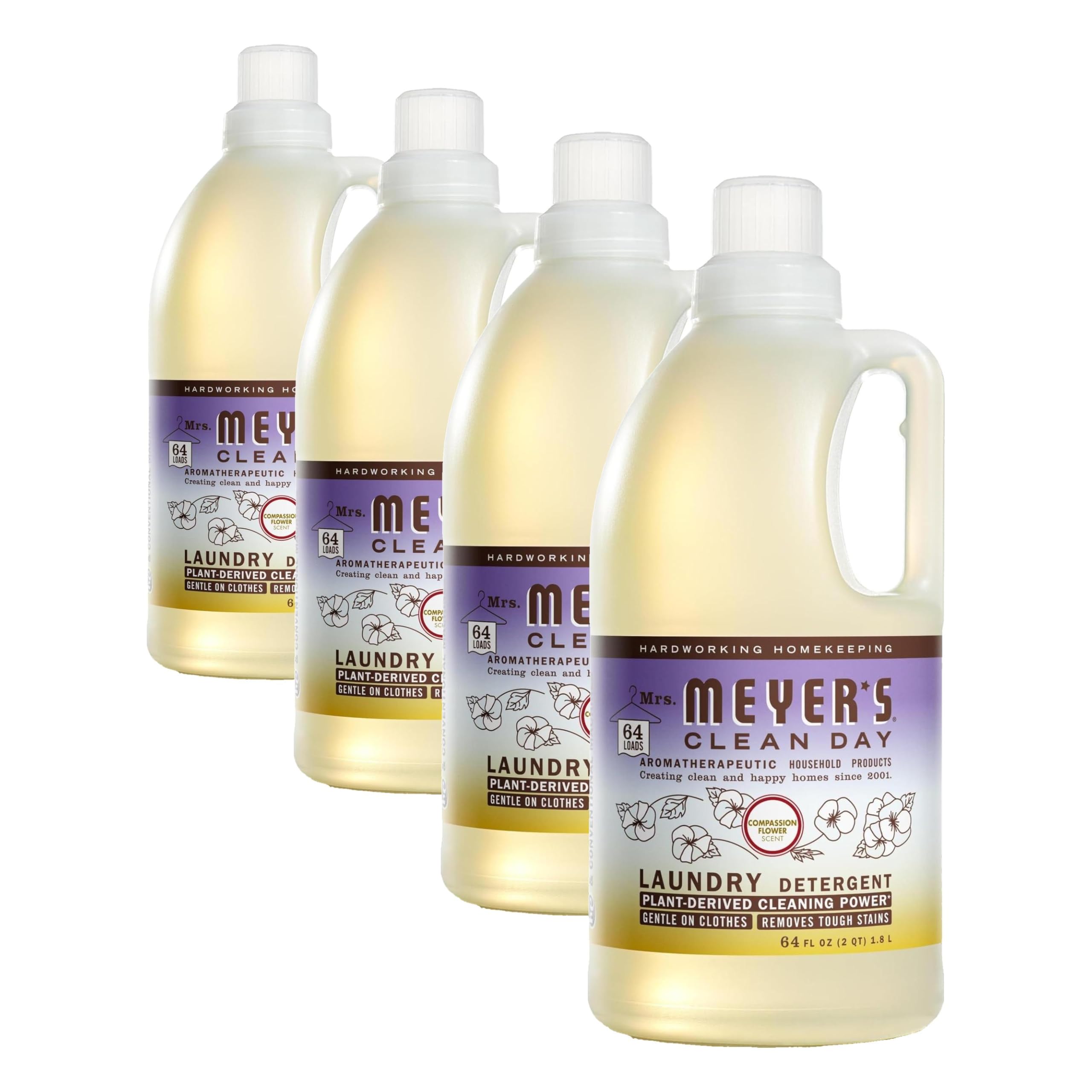 MRS. MEYER'S CLEAN DAY Liquid Laundry Detergent, Infused with Essential Oils, Compassion Flower, 64 oz (64 Loads) (Pack of 4)