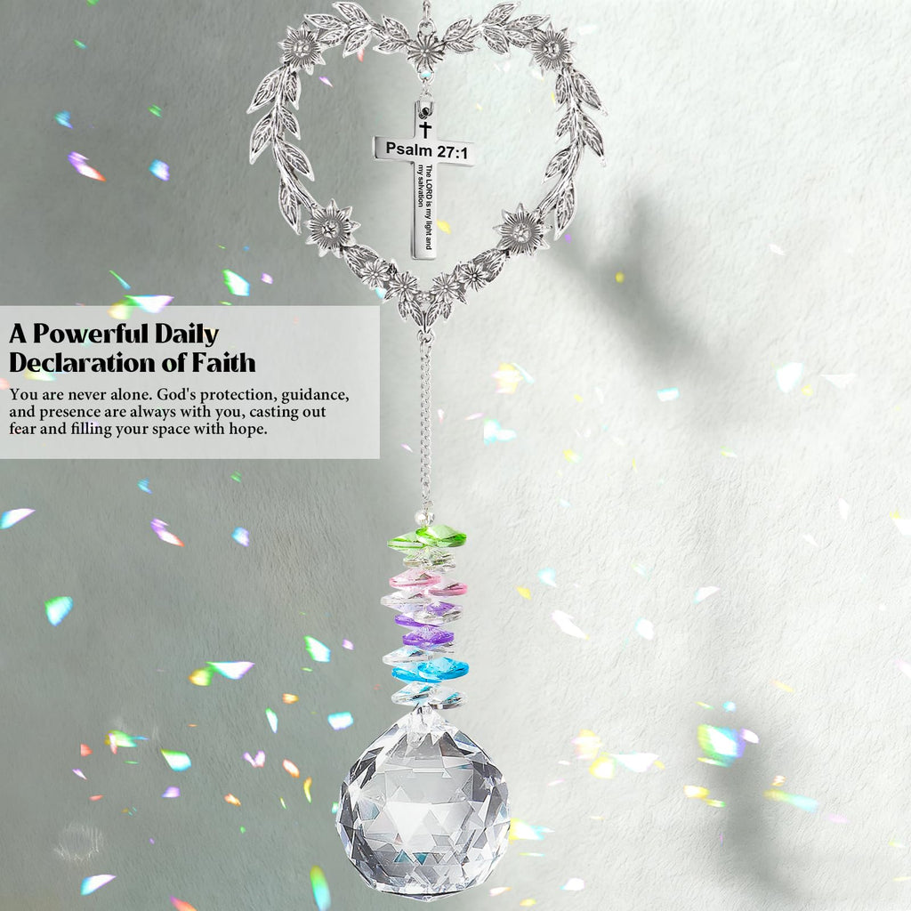 Elivida Christian Gifts for Women, Heart-Shaped Suncatcher with Cross - Religious Birthday Ornament with Scripture The Lord is My Light and My Salvation - Inspirational Catholic Spiritual Gifts