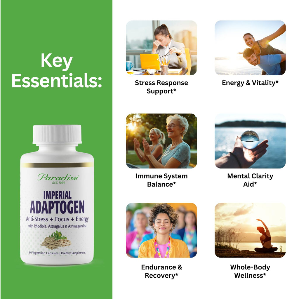 Paradise Herbs, Imperial Adaptogens, with Ashwagandha, Astragalus, Rhodiola, Proprietary Adaptogen Blend for Stress Support, Focus & Energy, 60 Vegetarian Capsules