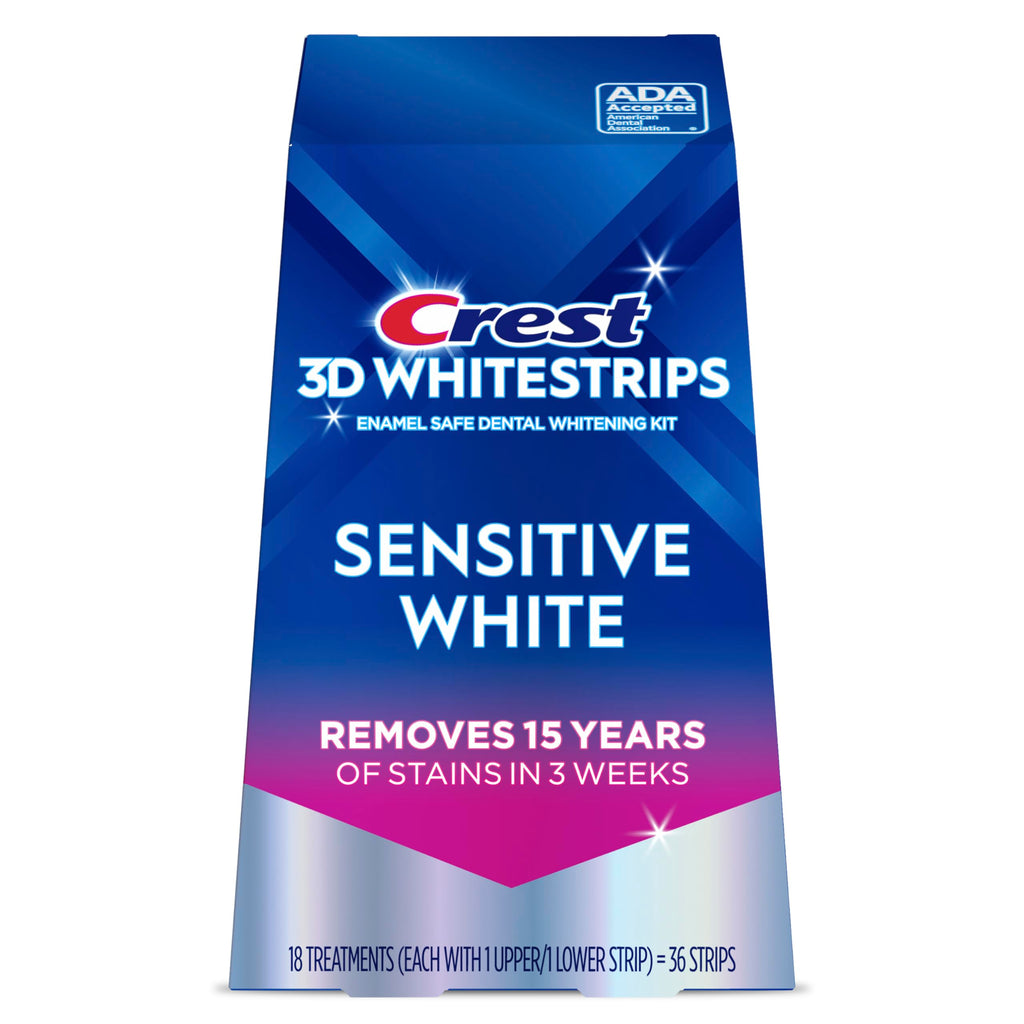 Crest 3DWhitestrips Sensitive White At-Home Teeth Whitening Kit, 18 Treatments, Gently Removes 15 Years of Stains