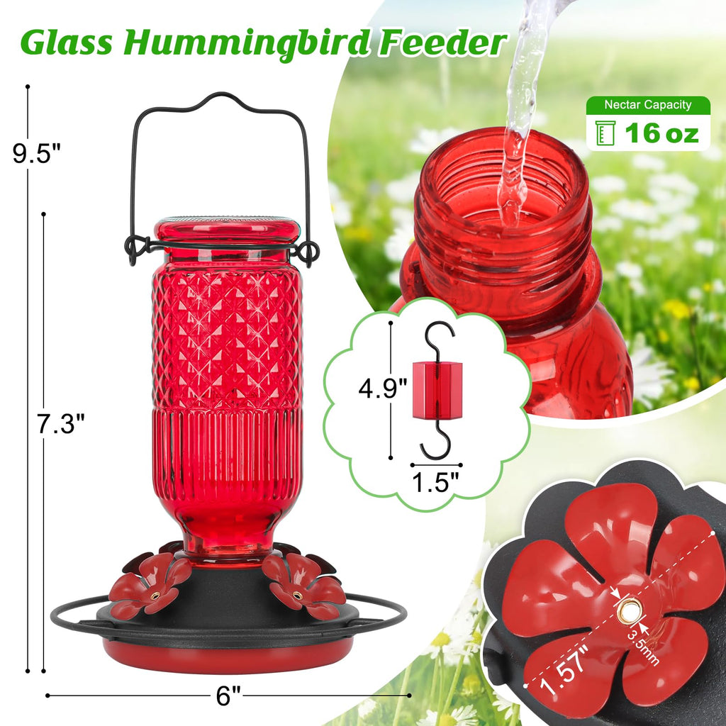 FEED GARDEN Glass Hummingbird Feeder for Outdoors Hanging, 16 OZ Humming Birds Feeders with 4 Bee Guard Feeding Ports & Built-in Ant Moat, Bird Feeder for Outside, Gifts for Women Mom, Red