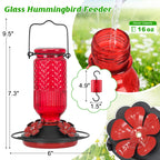 FEED GARDEN Glass Hummingbird Feeder for Outdoors Hanging, 16 OZ Humming Birds Feeders with 4 Bee Guard Feeding Ports & Built-in Ant Moat, Bird Feeder for Outside, Gifts for Women Mom, Red