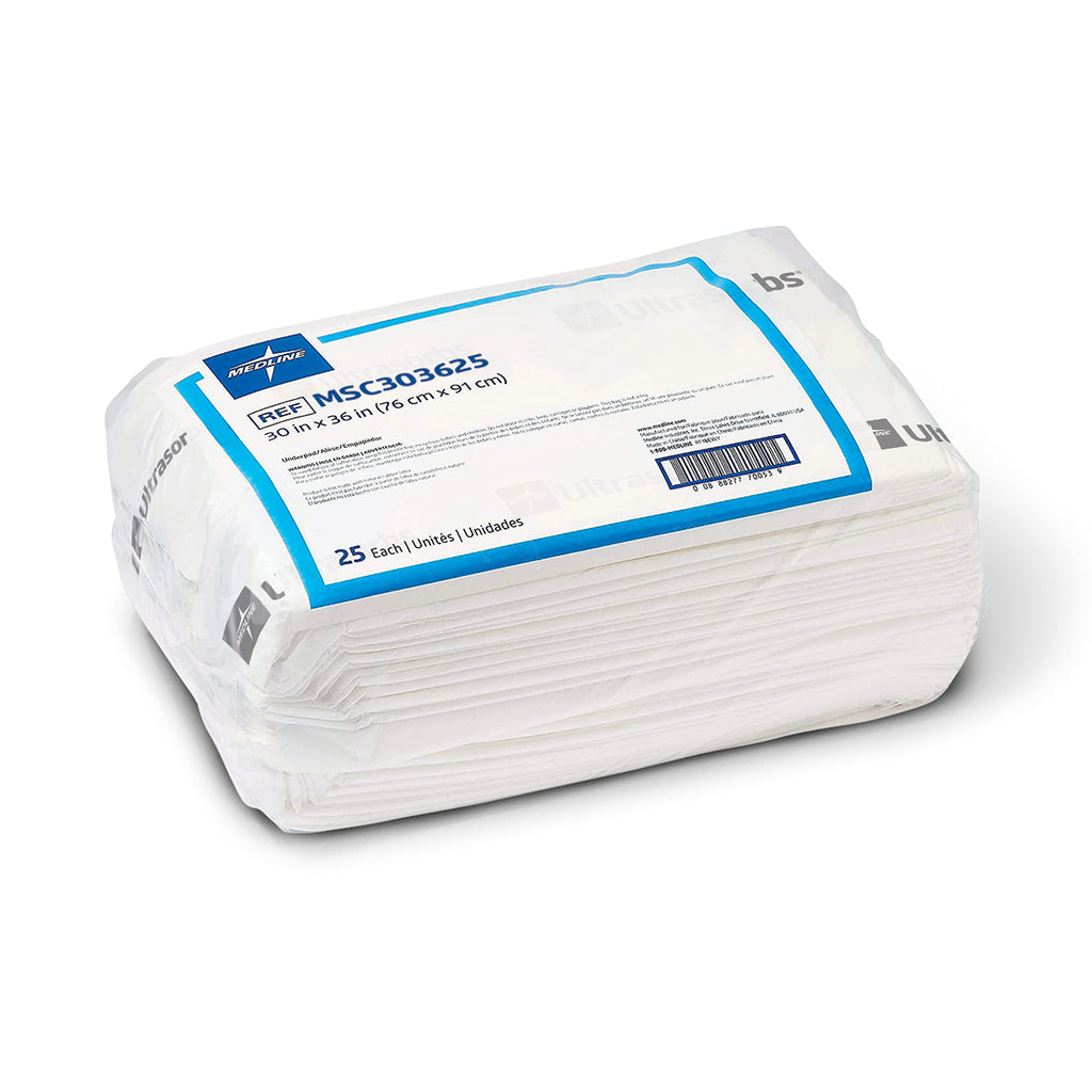 Medline Ultrasorbs Drypads, 30" x 36", 25 Count, Super Absorbent Disposable Bed Pads, Large Incontinence Bed Pads, Chucks Protective Underpads, 10 Times More Absorbent, For Adults, Elderly