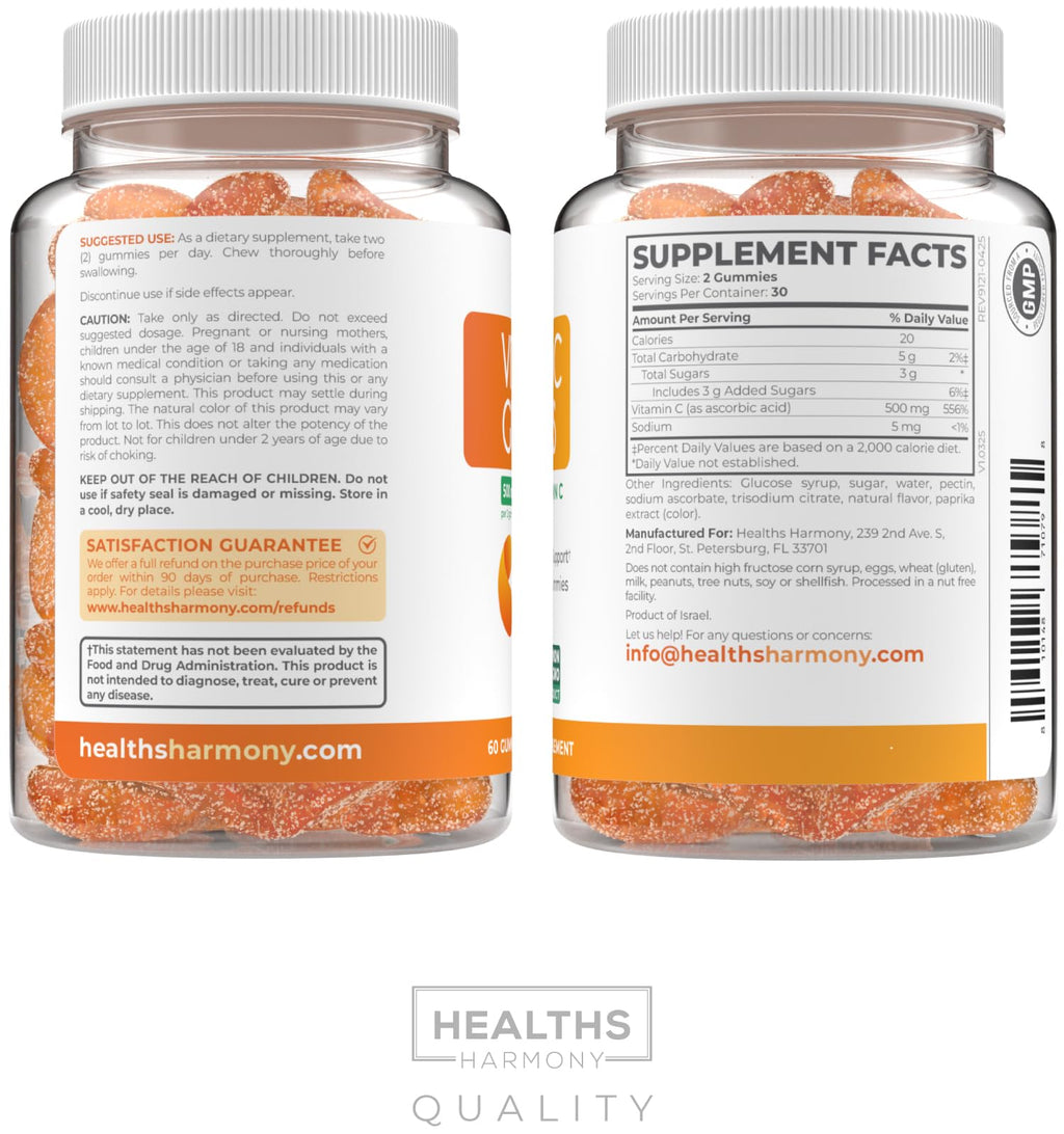 Vegan Vitamin C Gummies for Adults - Immune Support Gummies with Chewable Vitamin C 500mg per Serving for Daily and Seasonal Wellness - High Potency Non-GMO Formula - Orange Flavor (1 Month Supply)