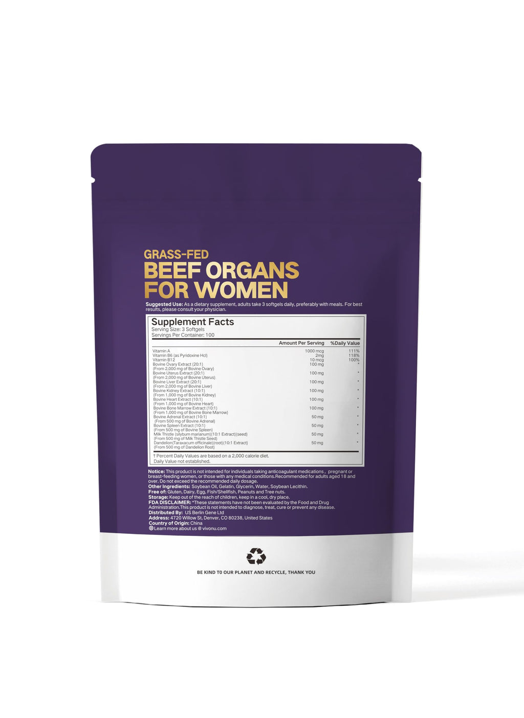 VivoNu Beef Organ Supplement for Women, 300 Day Supply, 11000mg per Serving Beef Organs with Bovine Liver, Ovary, Uterus, Kidney, Heart, Bone & More, 100% Grass Fed, Balance Hormones, Energy, 3 Bag