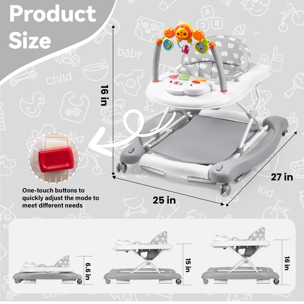 RefoereBabe Baby Walker with Wheels, 5 in 1 Baby Walkers for Boys Girls 6-12 Months, Foldable Walker Baby with Bouncer & Feeding Tray, Music, Adjustable Heights