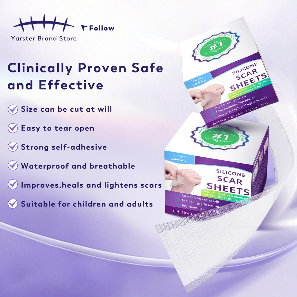 Yarster Silicone Scar Sheets, Silicone Scar Tape(1.6"x 120" Roll-3M), Medical Grade Scar Sheets, Scar Tape for Surgical Scars, Burn, C-Section, Keloid Scars, Acne Treatment, Stretch Marks Removal