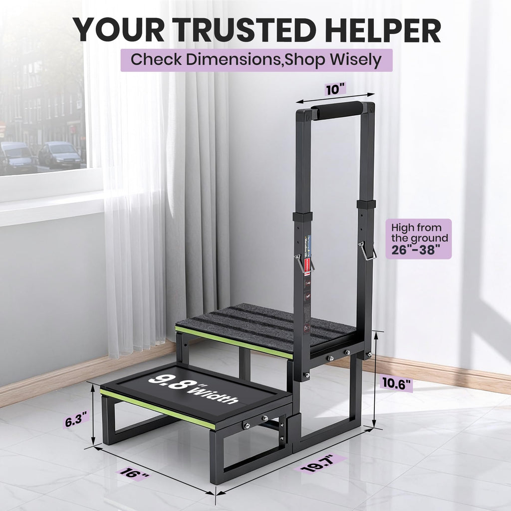 2 Step Stool with Handle for Elderly,Bed Steps for High Beds for Adults,Seniors,Heavy Duty Step Stool with Adjustable Handrail/Removable Cover/Glow Strip for Bathtub,Kitchen,RV