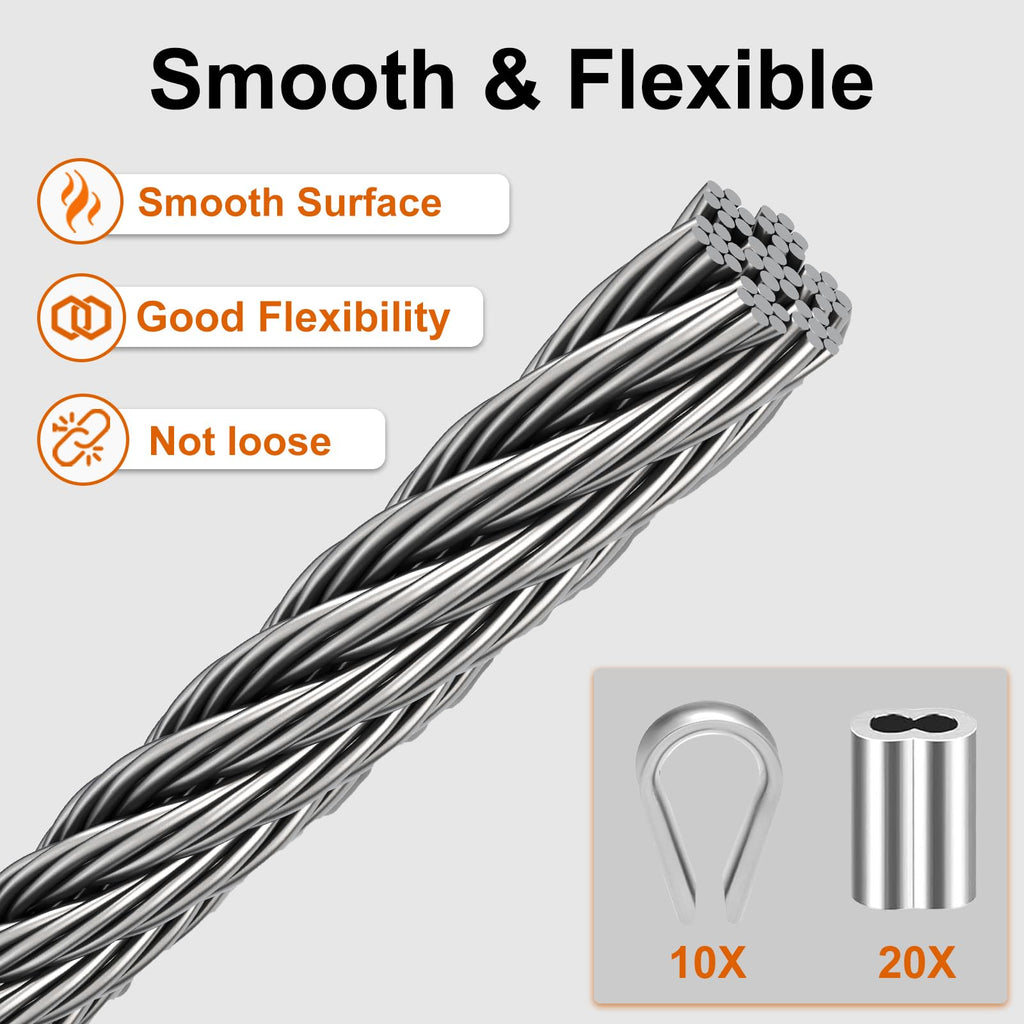 Rectoo 1/8" wire cable, 100ft Wire Rope Metal Cable With Loop Sleeve And Steel Thimble, 7x7 marine stainless steel Strand Core Perfect For Deck Railing System, Outdoor hanging kit, garden fence (SR03)