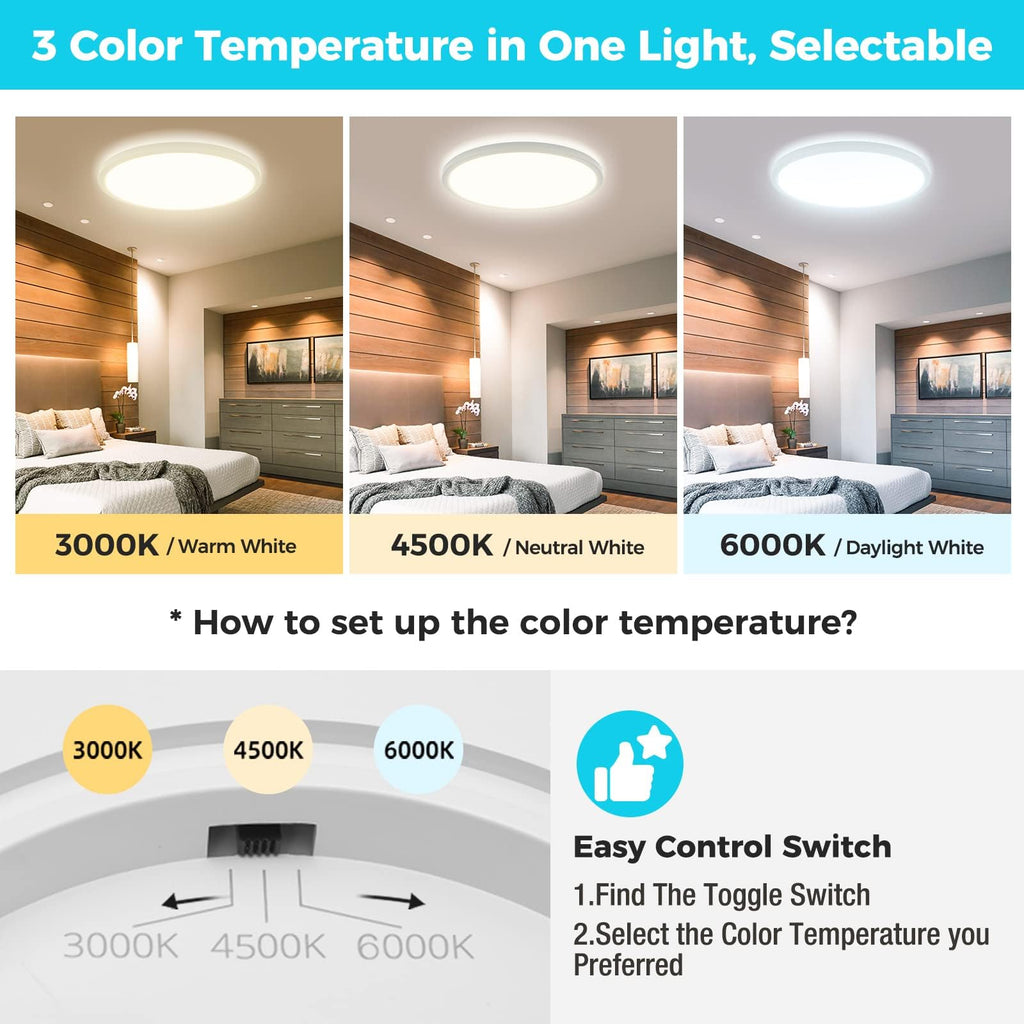 libtit 13 Inch Led Flush Mount Ceiling Light Fixtures,3200lm 28W 3 Color 3000K 4500K 6000K Selectable, Low Profile Thin Surface Mount Lighting Fixture for Bathroom Kitchen Office (White, 12 Pack)