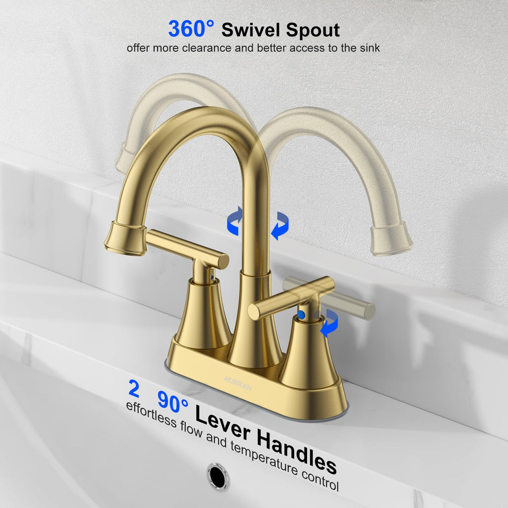 4 inch Brushed Gold Bathroom Sink Faucet with Pop-up Drain and 2 Supply Hoses, Stainless Steel Lead-Free 2-Handle Centerset Faucet for Bathroom Sink Vanity RV