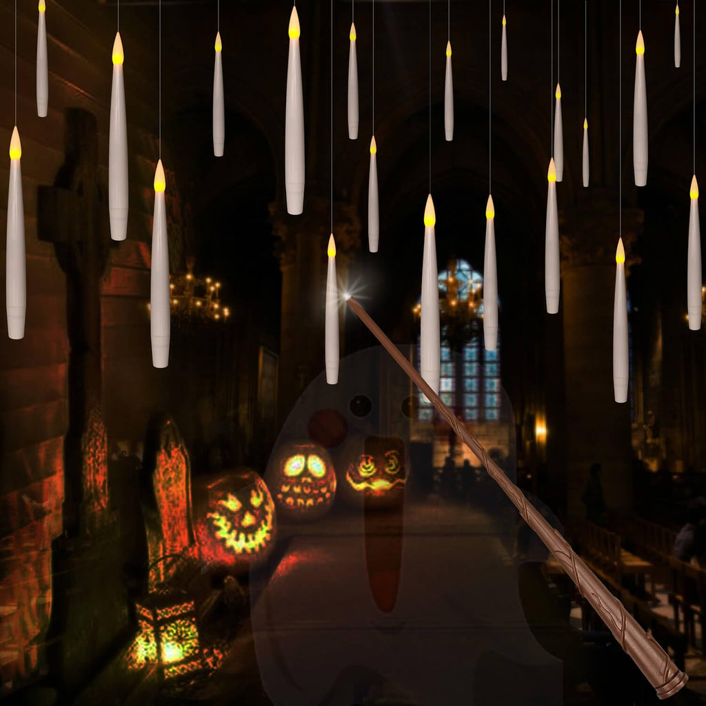Leejec 20Pcs Flameless Taper Floating Candles with Wand, Halloween Decor