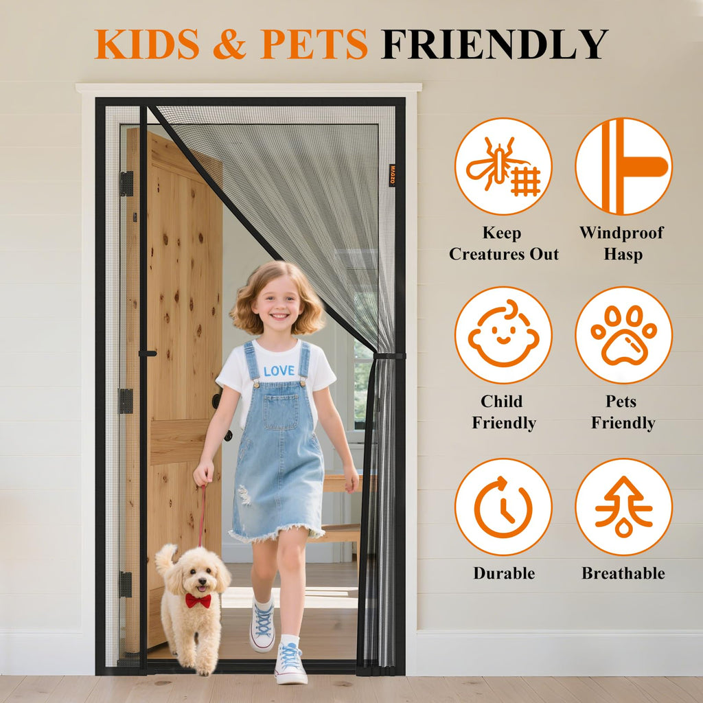 MAGZO Magnetic Screen Door, Fits 36'' x 96'' Door, Reversible Left Right Side Opening, Scratch-Proof Polyester, Pet&Kids Friendly, Easy Install with Hook&Loop, Keep Annoying Creatures Out, Grey