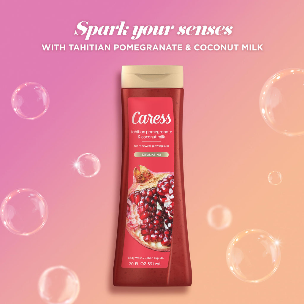 Caress Body Wash, Tahitian Pomegranate & Coconut Milk, Moisturizing Body Wash for Renewed, Glowing Skin, Exfoliating Body Soap Liquid, 20 Fl Oz (Pack of 2)