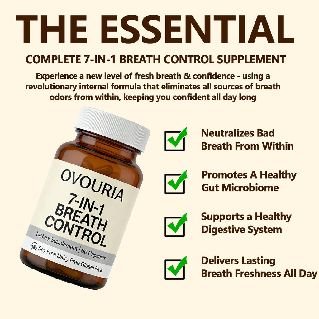 Zefdvc Ovouria Breath and Gut Balance - 7-in-1 Breath Control, Targets Bad Breath at The Gut Root, Natural Ingredients with Probiotics, Vegan Gluten-Free, 60 Capsules(1pc)