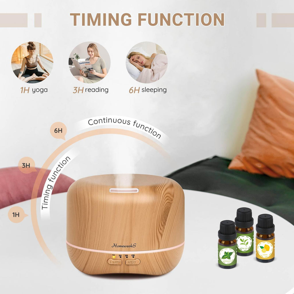 Homeweeks 300ml Essential Oil Diffuser, Quiet Aromatherapy Mist Diffusers for Essential Oils, Wood Grain, Ultrasonic, Remote Control, Timer, 7 Colors Light for Bedroom (300ml Yellow Wood Grain)