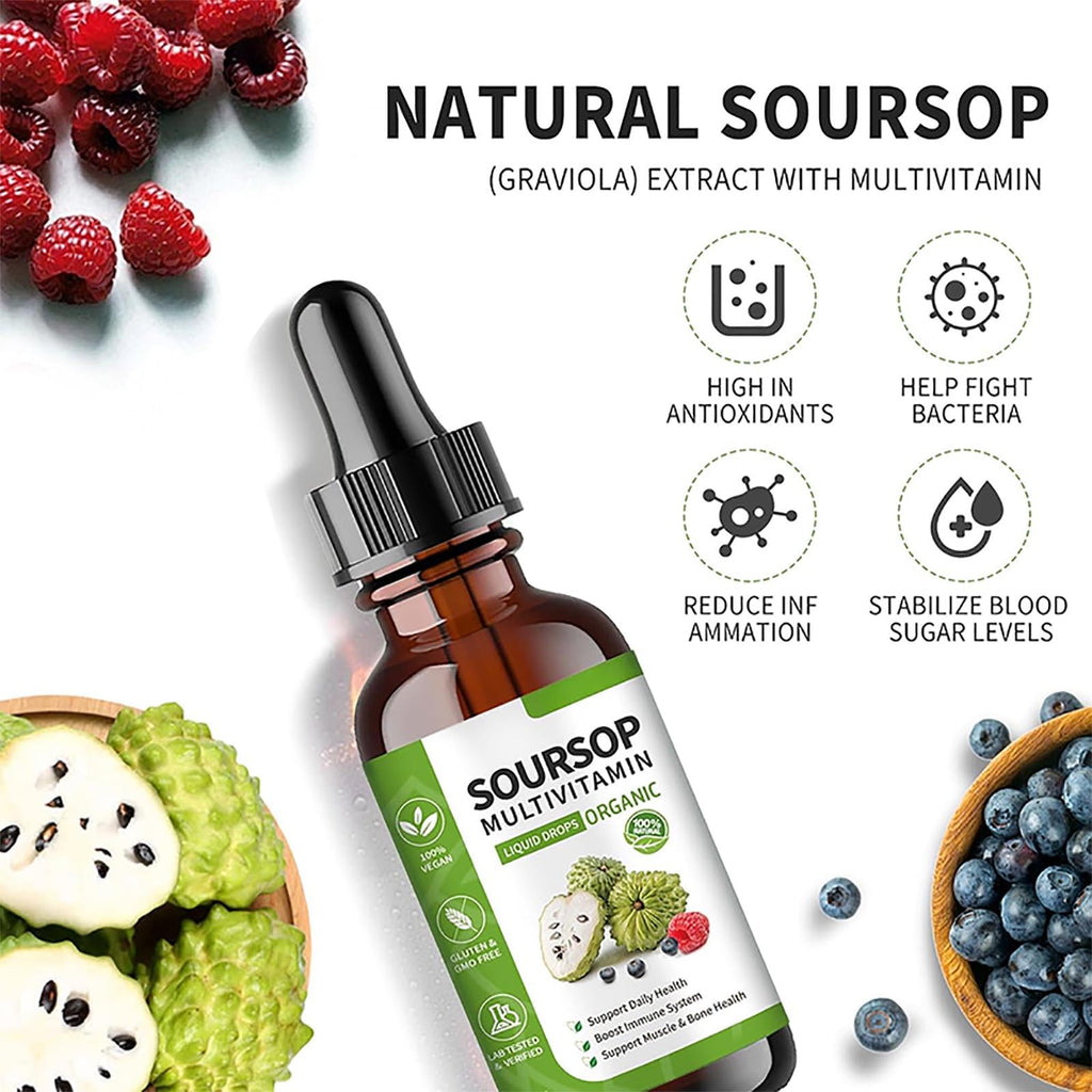 bogomo Soursop Bitters Liquid 2 Fl Oz, Soursop Graviola Leaf Extract Liquid Drop, Soursop Multivitamin Liquid Drops Organic for Cell Support, Immune System, Relax